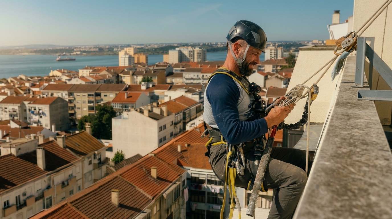 Profissional da Vertical Luso a preparar uma intervenção em altura num edifício em Portugal