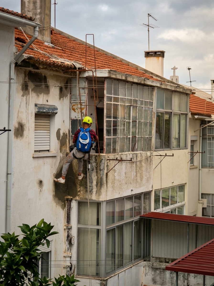Trabalho em altura junto ao telhado de um edifício